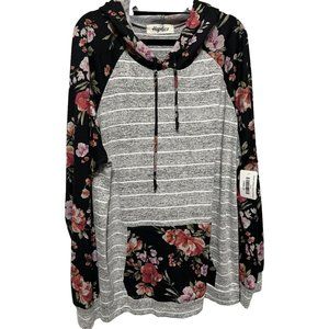 Haptics Womens  Top 2X Hoodie Soft Floral Black Knit Raglan Long Sleeve